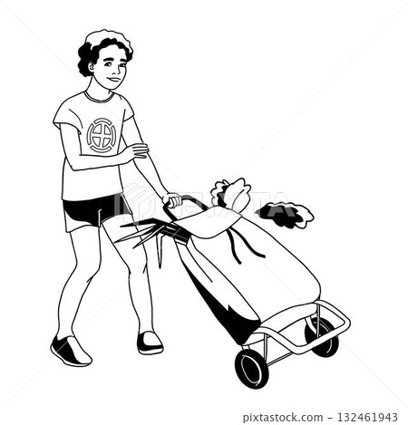 boy with trolley shopping bag on white background, farmers market scene  hand-drawn vector illustration 132461943