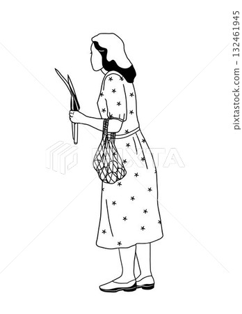 standing woman with leek and mesh bag isolated on white background, farmers market scene, hand-drawn vector illustration standing woman with leek and mesh bag isolated on white background, farmers market scene, hand-drawn vector illustration 132461945