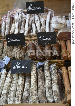 Saucisson selection at a market in Sarlat, Dordogne, showcasing traditional dried sausages from the 132461960