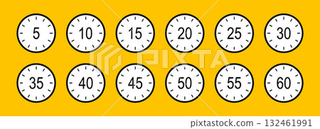 Countdown timer second, minutes. Clock symbols, stopwatch signs. Cooking time flat icons. From five to sixty minutes interval. 5, 10, 15, 20, 25, 30, 35, 40, 45, 50, 55, 60 second dial. Time interval. Countdown timer second, minutes. Clock symbols, stopwatch signs. Cooking time flat icons. From five to sixty minutes interval. 5, 10, 15, 20, 25, 30, 35, 40, 45, 50, 55, 60 second dial. Time interval. 132461991