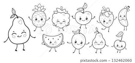 Cute fruits collection outline illustration 132462060