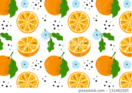Orange Fruits Pattern on White Background. Seamless Citrus Vector Illustration, Wrapping Paper, Textile Design, Hero image Orange Fruits Pattern on White Background. Seamless Citrus Vector Illustration, Wrapping Paper, Textile Design, Hero image 132462085