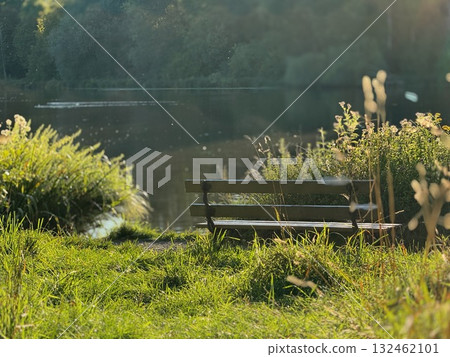 Park bench sits in a grassy field next to a lake Park bench sits in a grassy field next to a lake 132462101