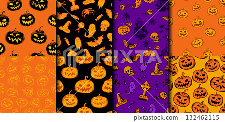 Halloween hand drawn seamless patterns. Cross rip and bat, dead eye and witch hat. Pumpkin spider Halloween hand drawn seamless patterns. Cross rip and bat, dead eye and witch hat. Pumpkin spider 132462115
