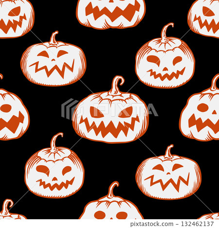 Scary halloween orange pumpkins seamless pattern for gift wrap or package. Trick or threat. Hand Scary halloween orange pumpkins seamless pattern for gift wrap or package. Trick or threat. Hand 132462137