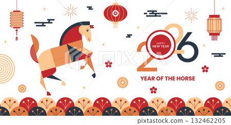 Geometric Chinese New Year 2026 banner with stylized horse, lanterns and lucky motifs, red gold and navy palette. Modern geometric neo geo style. Perfect for posters, cards, prints and social media. 132462205