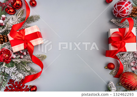 Classic Christmas Gifts with Red Ribbons and Festive Decor 132462293