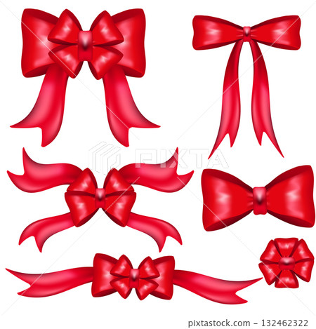 Set of red satin bows and ribbons isolated on white background 132462322