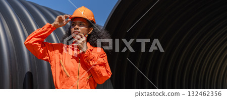 ndustry Engineers Walking Inside Circular water Pipe. Engineering or Worker inspection pipe ndustry Engineers Walking Inside Circular water Pipe. Engineering or Worker inspection pipe 132462356