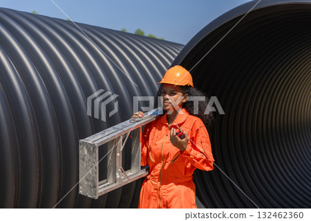 ndustry Engineers Walking Inside Circular water Pipe. Engineering or Worker inspection pipe ndustry Engineers Walking Inside Circular water Pipe. Engineering or Worker inspection pipe 132462360