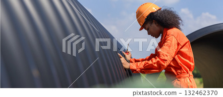 ndustry Engineers Walking Inside Circular water Pipe. Engineering or Worker inspection pipe  132462370