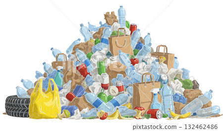 Overflowing pile of assorted recyclable waste items isolated on a transparent background trash 132462486