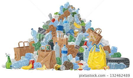 Pile of assorted trash and recycling items isolated on a transparent background garbage waste 132462489