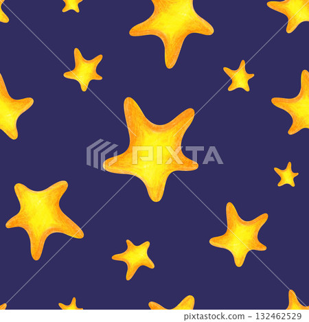 Seamless pattern with golden stars on a blue background, drawn with pencils. Drawing with colored pencils on a dark background. A child's drawing. For textiles, wallpaper for a children's room or gift Seamless pattern with golden stars on a blue background, drawn with pencils. Drawing with colored pencils on a dark background. A child's drawing. For textiles, wallpaper for a children's room or gift 132462529
