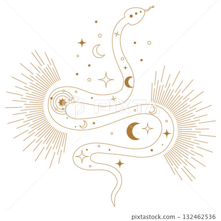 Vector tattoo art of Kundalini snake with celestial sun moon and sacred geometry. Elegant esoteric line drawing symbolizing spiritual balance vitality and awakening. 132462536
