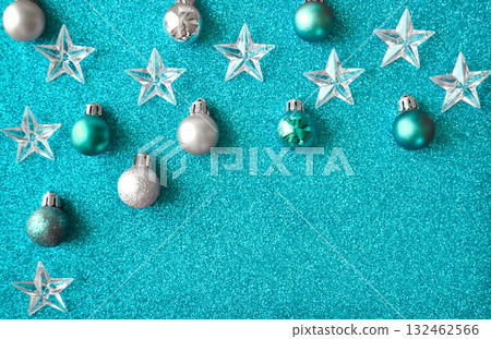 Turquoise New Year's, Christmas background with baubles and stars. Top view, space for text. 132462566