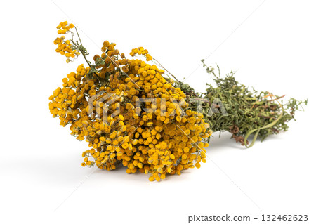 Dried tansy bouquet hanging like herbal broom on white background 132462623