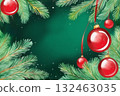 Red balls hanging on the branches of a Christmas tree green background 132463035