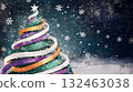 Oil illustration of a Christmas tree decorated with purple, white, and golden ribbons.Banner 132463038