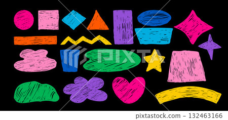 Abstract Freeform set. Curvature Chalk Colorful Hand Drawn various Shapes, Curls, Geometric Forms, Heart, Star and doodle objects. Isolated textured drawings scrawls. Vector illustration. Not AI 132463166