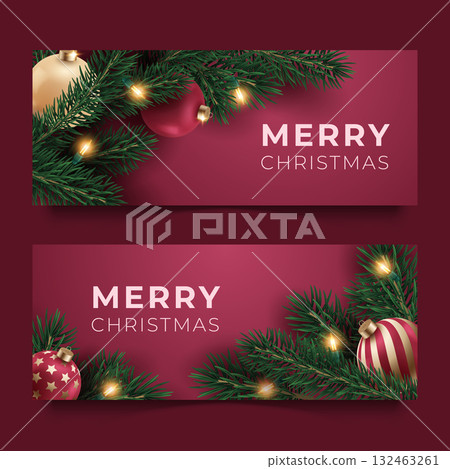 Christmas banners with fir branches, baubles and lights on pink background 132463261