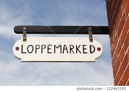 Flea market sign in Denmark called loppemarked in Danish language 132463595