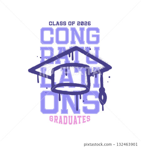 Class of Senior 2026 congratulations graduates - Design with Bold Typography and Graduation Theme graffiti cap element. Grunge collage in vintage varsity league style. Vector Class of Senior 2026 congratulations graduates - Design with Bold Typography and Graduation Theme graffiti cap element. Grunge collage in vintage varsity league style. Vector 132463901