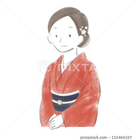 Illustration of a woman's upper body wearing a red kimono (Japanese style, Japanese culture) 132464107