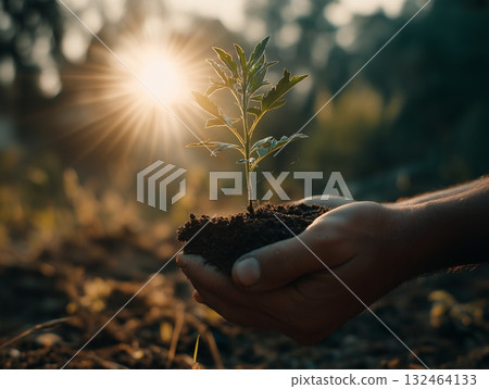 Farmer's hands cradling fresh green seedling at sunset 132464133