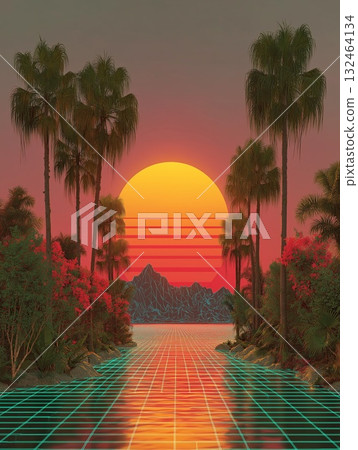A nostalgic, computer-generated landscape merging palm trees, mountains, and a sunset into a grid-like pattern A nostalgic, computer-generated landscape merging palm trees, mountains, and a sunset into a grid-like pattern 132464134
