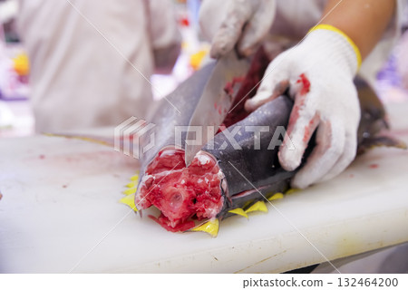 工匠精心準備新鮮的金槍魚 132464200