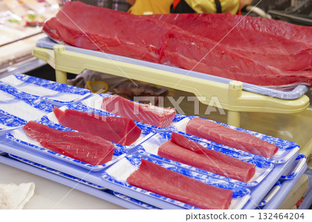 Filleted tuna fillets at a cutting show Filleted tuna fillets at a cutting show 132464204