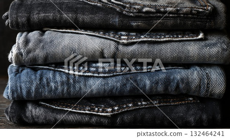 Stack of worn denim jeans on wooden surface Stack of worn denim jeans on wooden surface 132464241