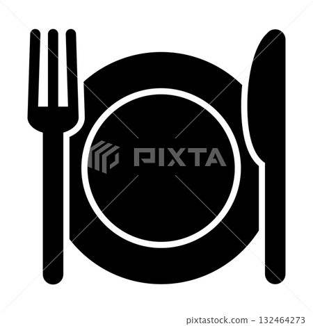Black silhouette of a dinner plate with fork and knife. Simple restaurant icon isolated on white background. Minimalist food and dining symbol for cafe, catering, menu, and culinary design concepts Black silhouette of a dinner plate with fork and knife. Simple restaurant icon isolated on white background. Minimalist food and dining symbol for cafe, catering, menu, and culinary design concepts 132464273