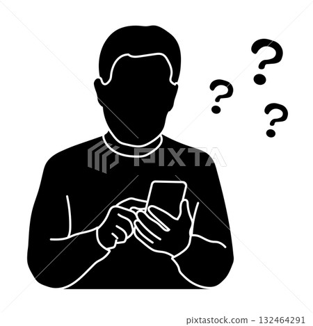 Silhouette illustration of a man confused about how to operate a smartphone 132464291