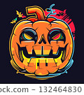 Halloween pumpkins, bats, a cemetery and a scary castle against the backdrop of a spooky big orange moon. Festive flyer, poster or banner. illustration. 132464830