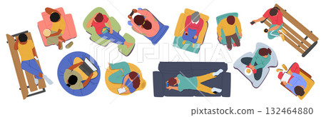 Diverse people cartoon characters sitting, lying on bench, armchair, chair, sofa couch overhead view 132464880