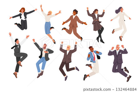 Businesspeople feeling happy joyful while jumping up high and raising hands isolated set on white 132464884