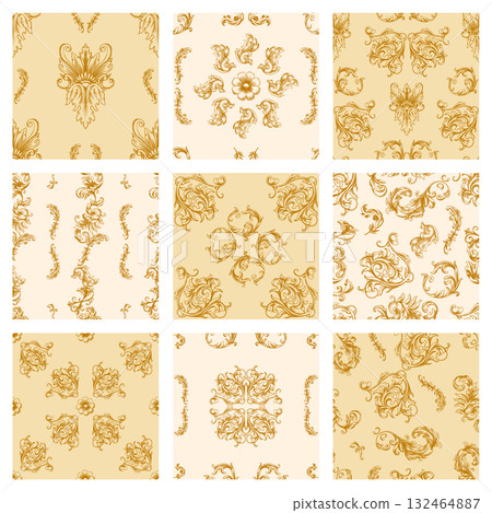 Vintage Baroque or renaissance Seamless pattern hand drawn Victorian set of ornament floral elements 132464887