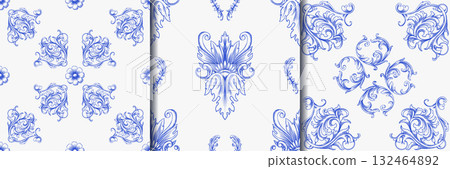 Vintage Baroque or renaissance Seamless pattern hand drawn Victorian set of ornament floral elements Vintage Baroque or renaissance Seamless pattern hand drawn Victorian set of ornament floral elements 132464892