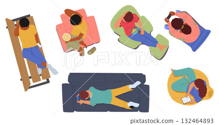 Relaxed young people engaged in different activities sitting or lying on furniture overhead view 132464893