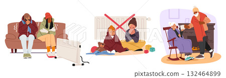 People of different ages suffering from home heating absence struggling with low temperature indoors 132464899