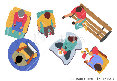 People of different ages sitting on bench, armchair, chair, sofa couch, soft bag overhead view set 132464905