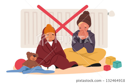 Children wrapped in blankets sitting on floor nearby radiator feeling frozen in lack of heating Children wrapped in blankets sitting on floor nearby radiator feeling frozen in lack of heating 132464918