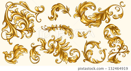 Vintage Baroque or renaissance hand drawn Victorian set of ornament floral elements engraved retro 132464919