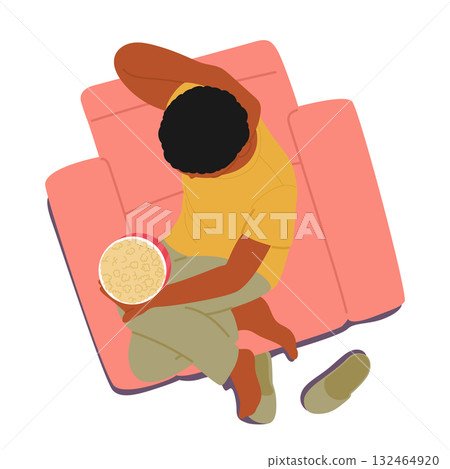 Young man isolated cartoon character eating popcorn while sitting on home armchair overhead view 132464920