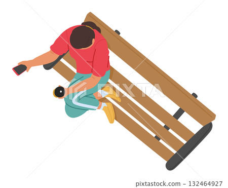 Guy cartoon character resting on public park bench using smartphone drinking coffee overhead view Guy cartoon character resting on public park bench using smartphone drinking coffee overhead view 132464927