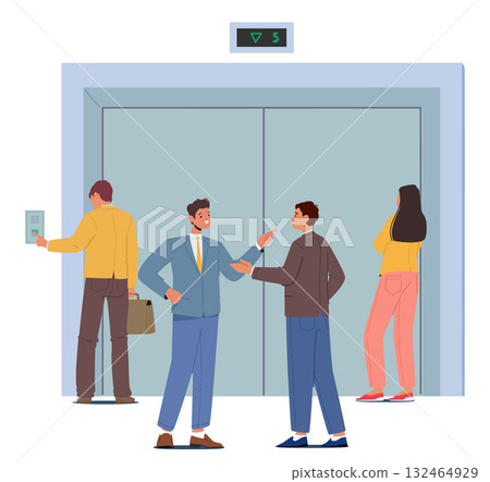 People at elevator lobby patiently waiting for turn and communicating with each other cartoon scene 132464929