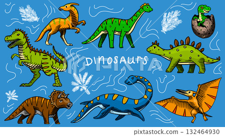 Set of dinosaurs. sketchy Hand drawn illustrations for kids clothes, childish . Tyrannosaurus 132464930