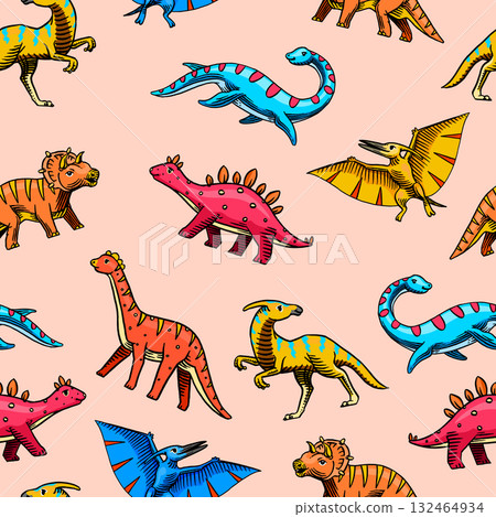 Cartoon jurassic dinosaurs seamless pattern for kids and boys clothing. sketchy Hand drawn 132464934